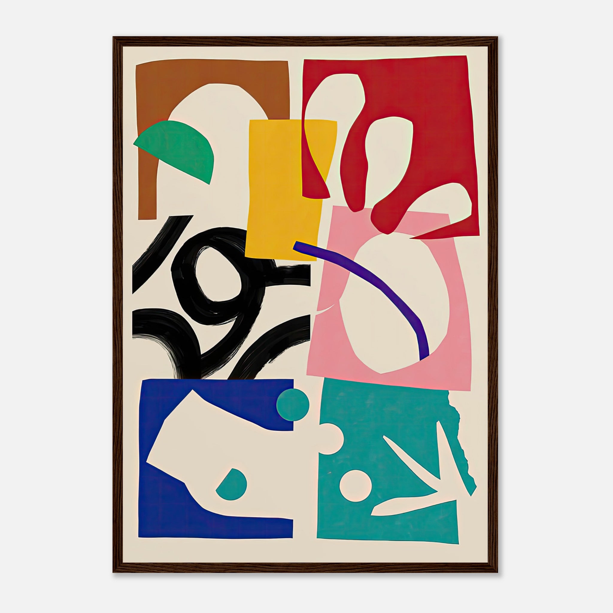 Framed print featuring abstract shapes in vibrant colors like red, blue, green, and yellow, perfect for modern decor.