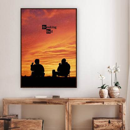 Breaking Bad framed poster featuring Walter White and Jesse Pinkman silhouetted against a stunning sunset backdrop.