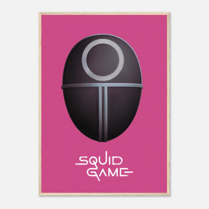 Squid Game Guard Mask framed print on pink background, featuring iconic design for fans of the Netflix series.