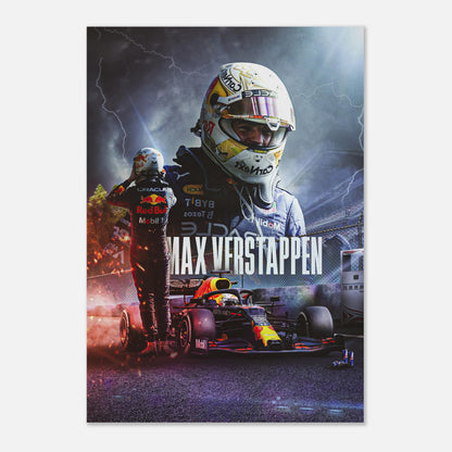 Max Verstappen Red Bull Racing metal print featuring race car and driver in dynamic design, perfect for modern decor.