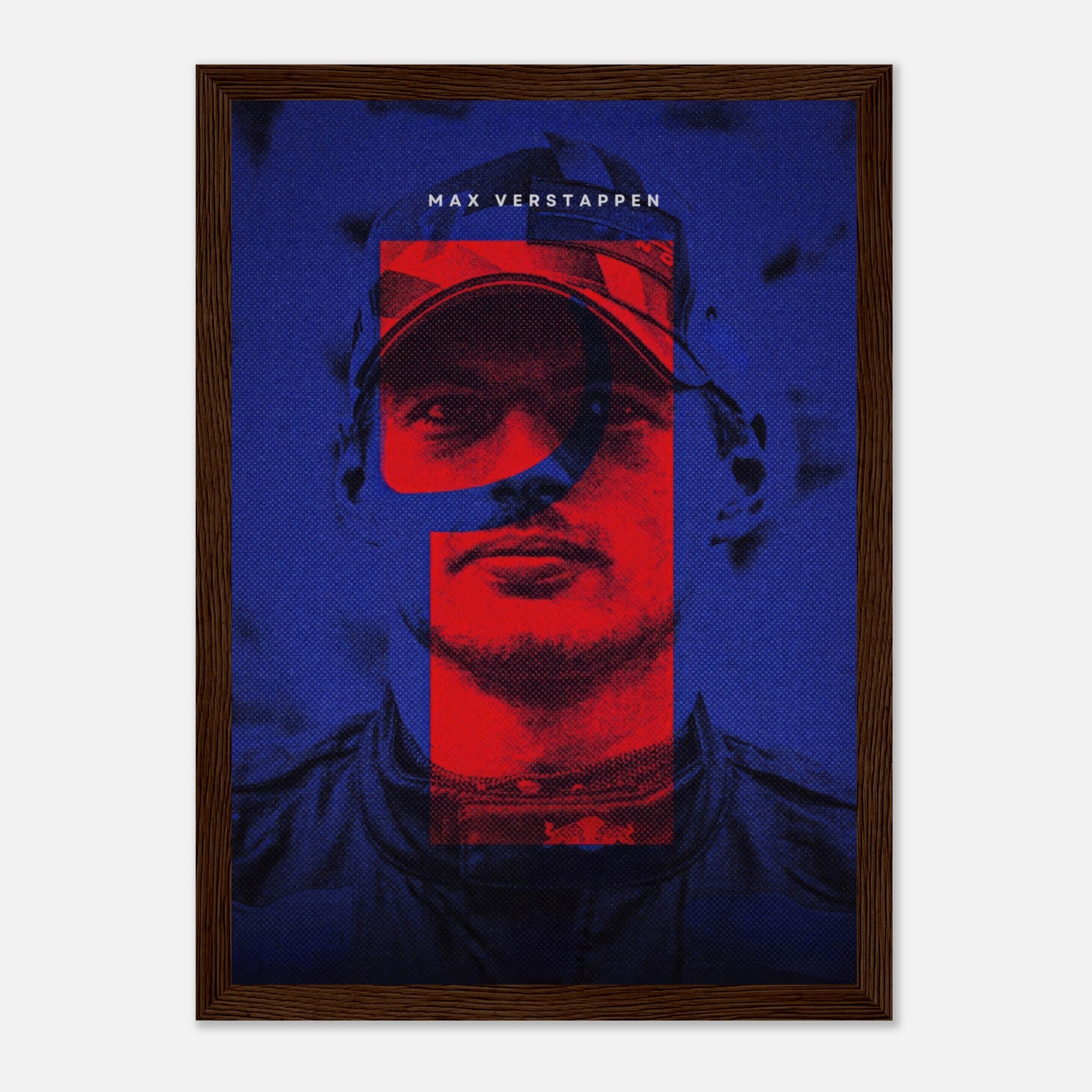 Max Verstappen framed print featuring bold colors and dynamic design, celebrating Formula 1 racer’s championship spirit.