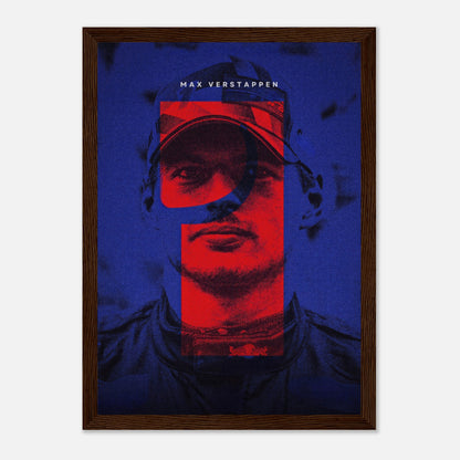 Max Verstappen framed print featuring bold colors and dynamic design, celebrating Formula 1 racer’s championship spirit.