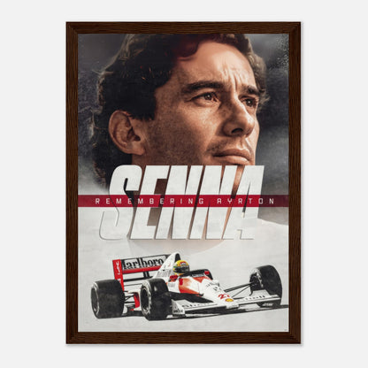 Ayrton Senna framed print featuring his iconic image and racing car, celebrating the legacy of a Formula 1 legend.