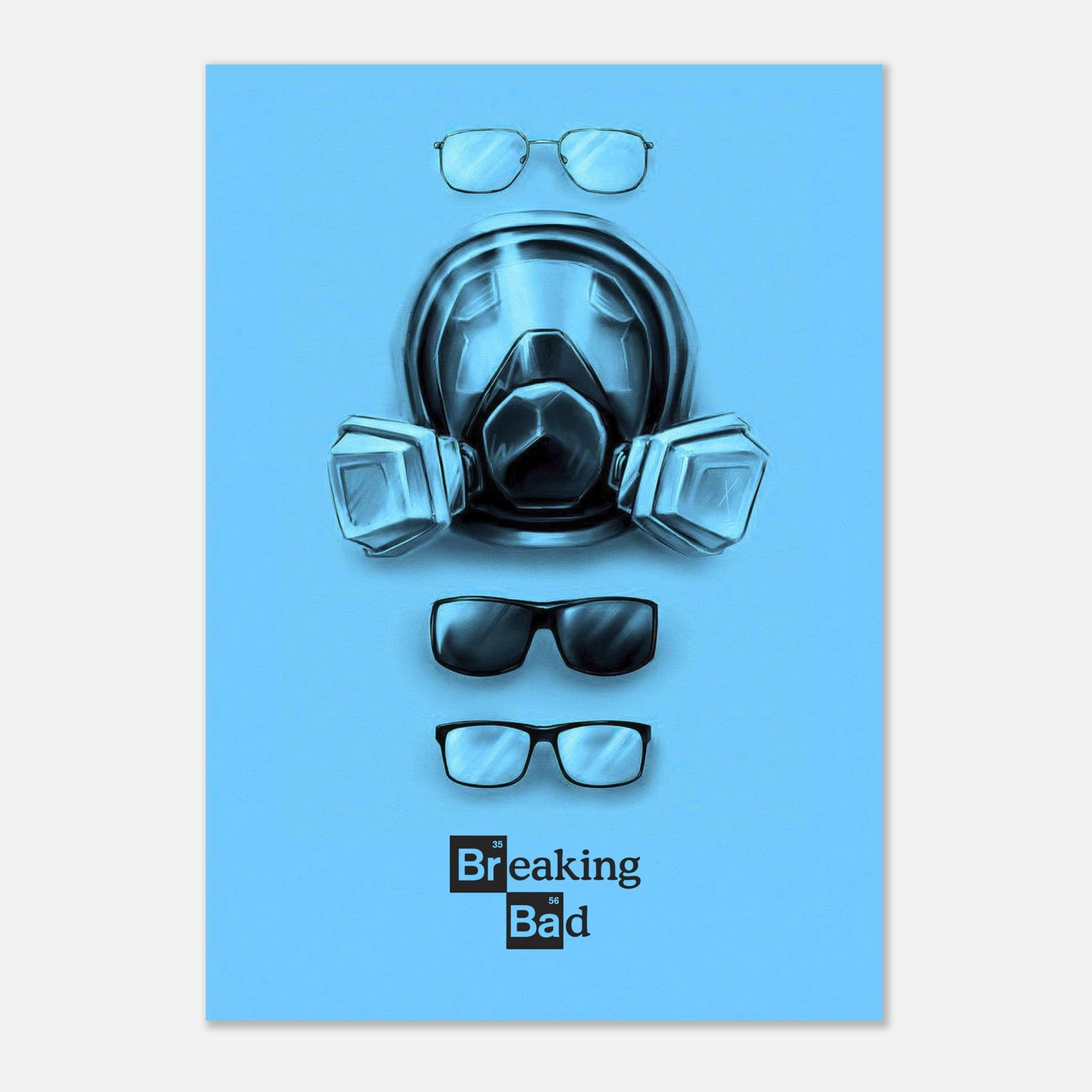 Minimalist Breaking Bad poster featuring a gas mask and eyewear on a bold blue background, perfect for fans.