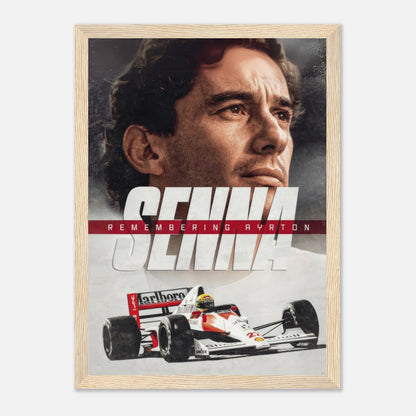 Ayrton Senna framed print featuring his portrait and iconic Formula 1 car, celebrating the legacy of a racing legend.