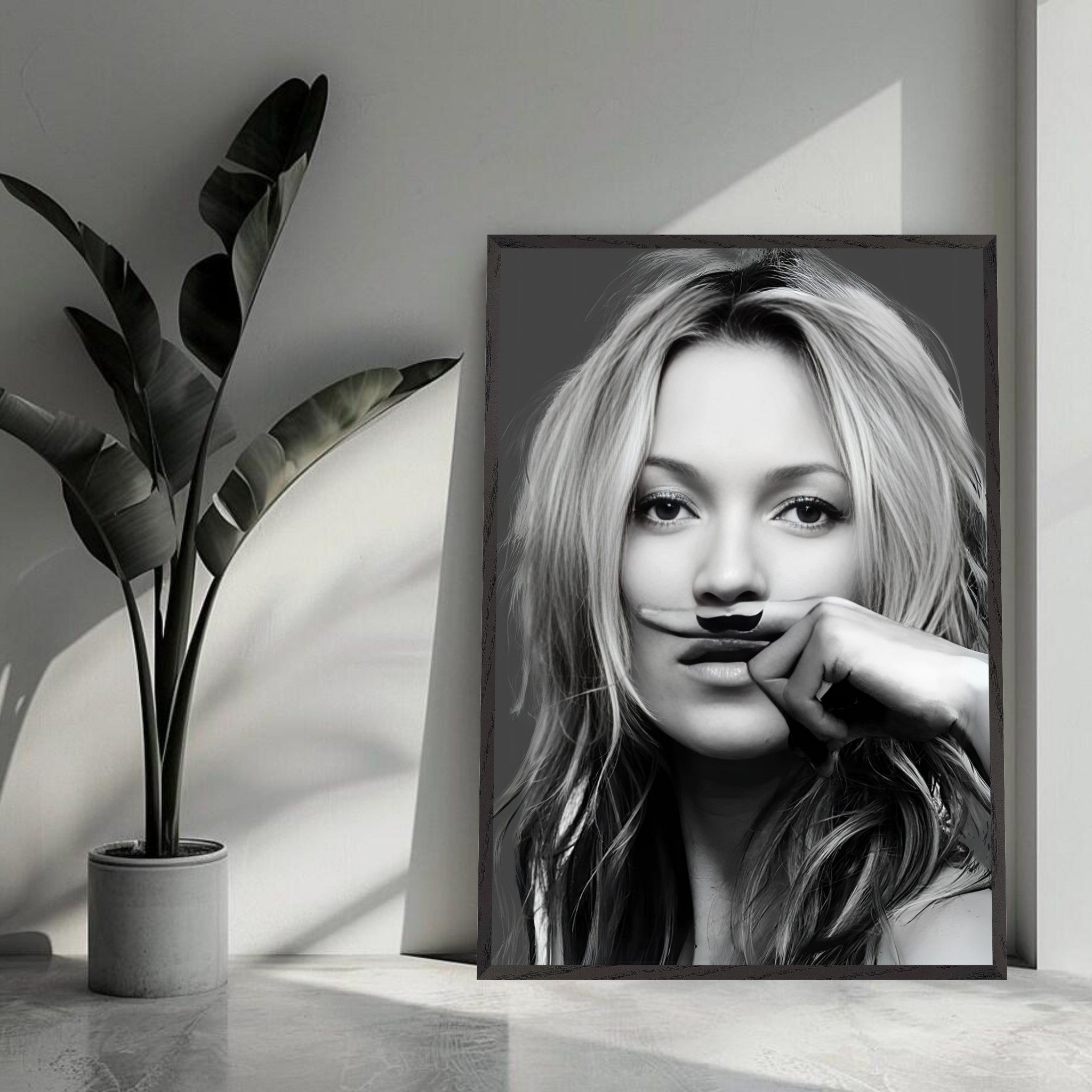 Kate Moss Mustache vintage framed print in black and white, showcasing playful humor and stylish decor for walls.