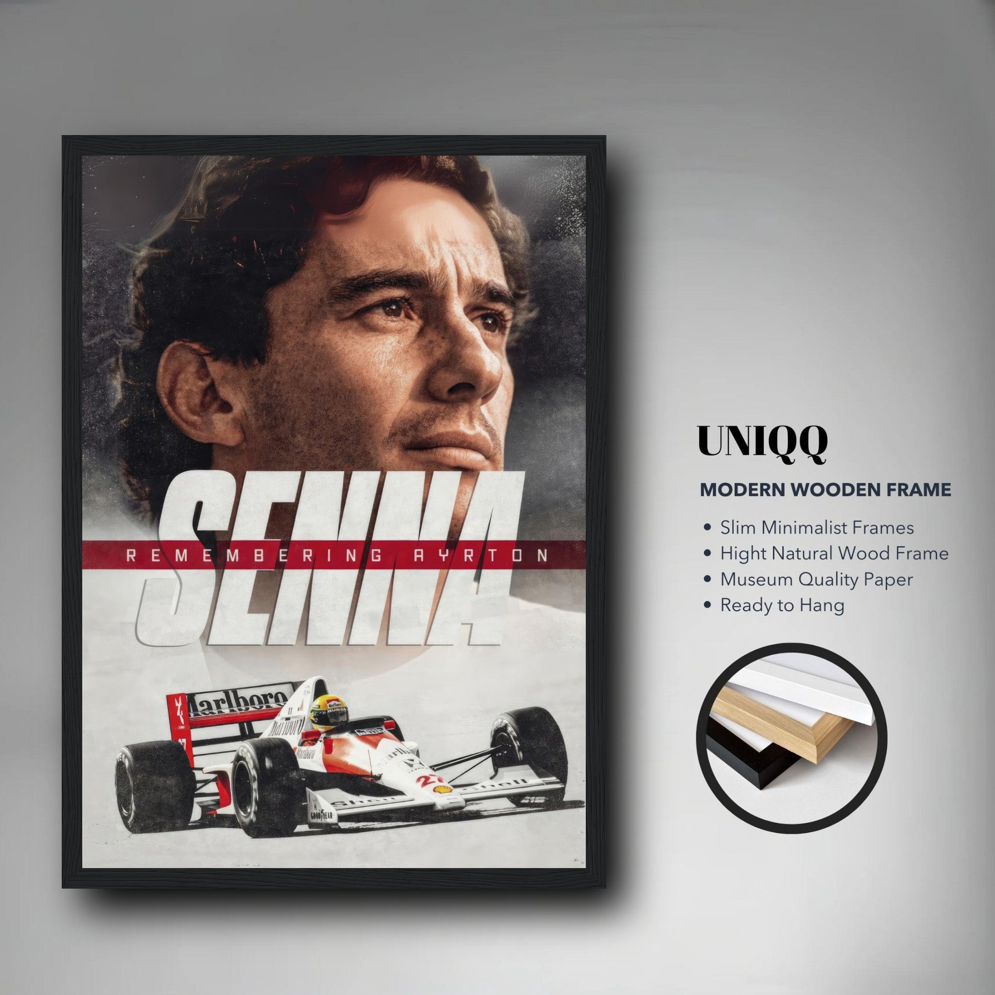 Ayrton Senna framed print, featuring a portrait and race car, in a modern wooden frame, ready to hang.