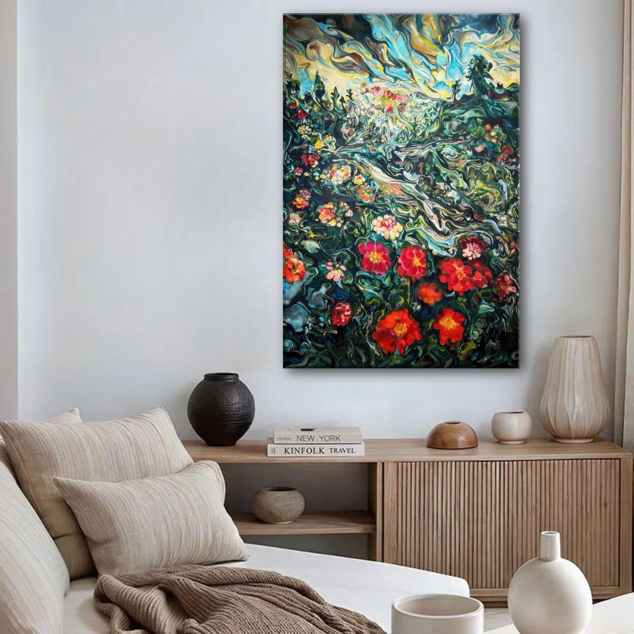 Vibrant abstract floral landscape painting canvas print enhancing a stylish living room decor.