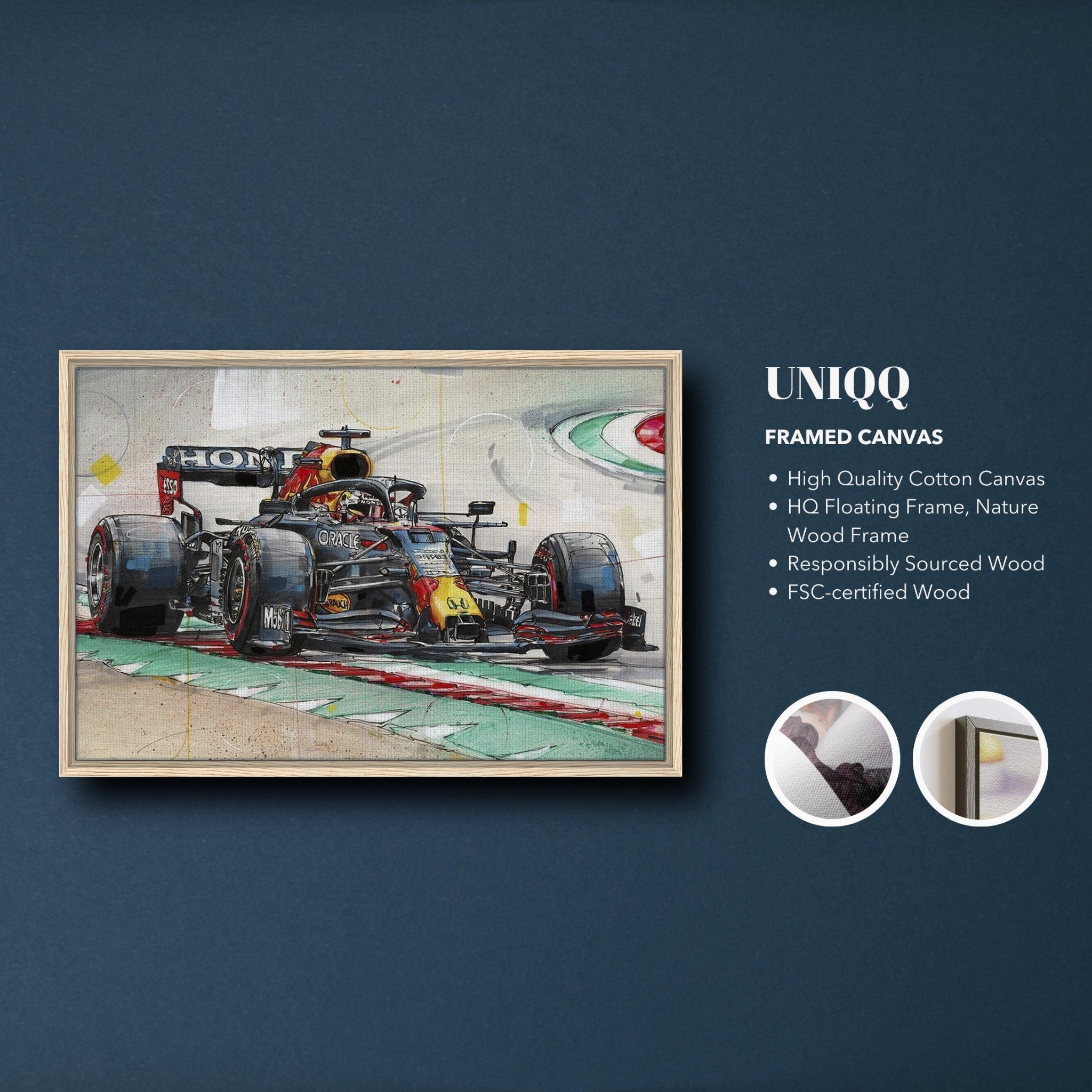 Max Verstappen framed canvas print showcasing his Red Bull car on a racetrack, featuring high-quality materials and vibrant colors.