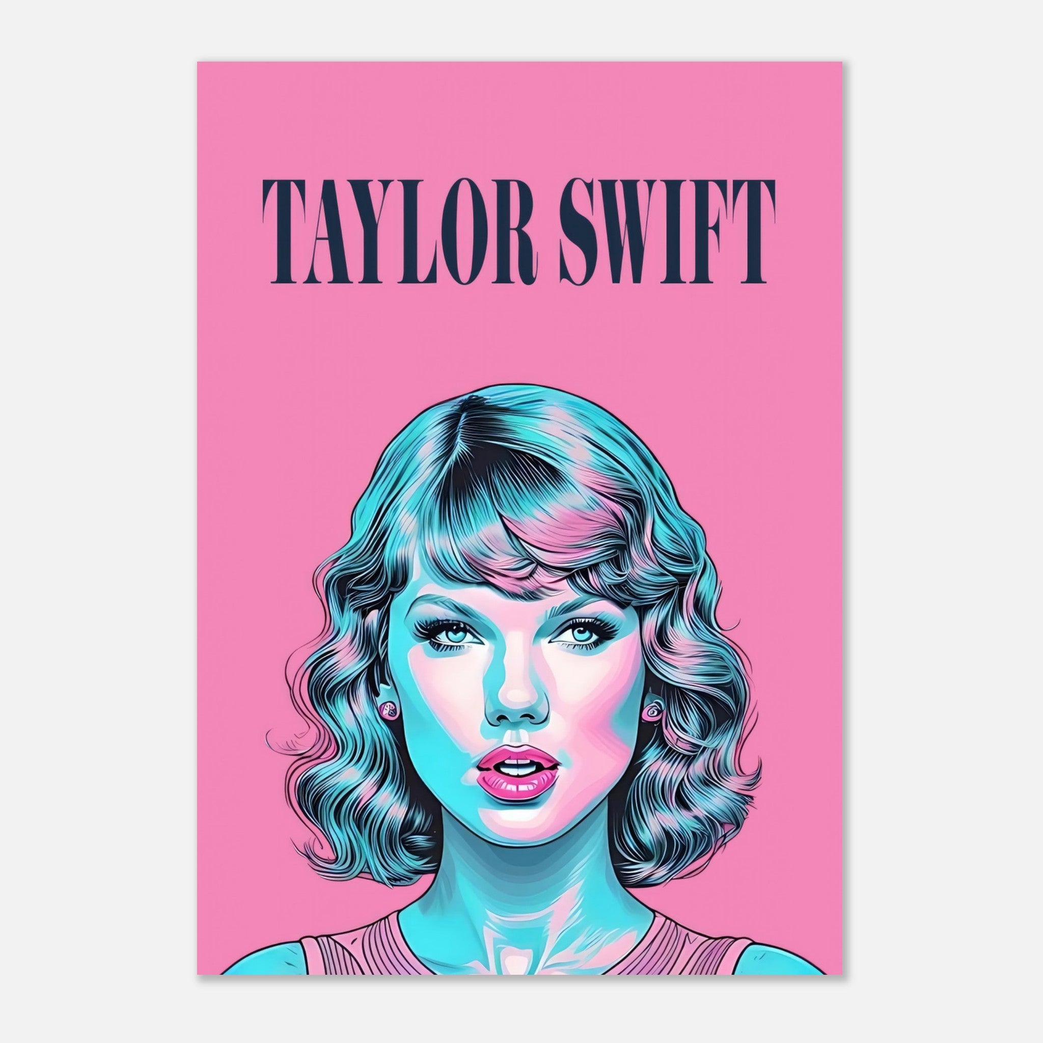 Taylor Swift pop art poster featuring vibrant colors and bold design on a pink background.