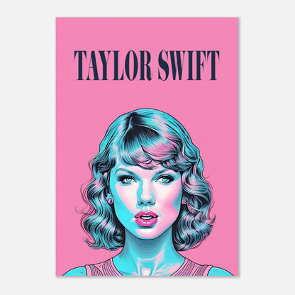 Taylor Swift pop art poster featuring vibrant colors and bold design on a pink background.