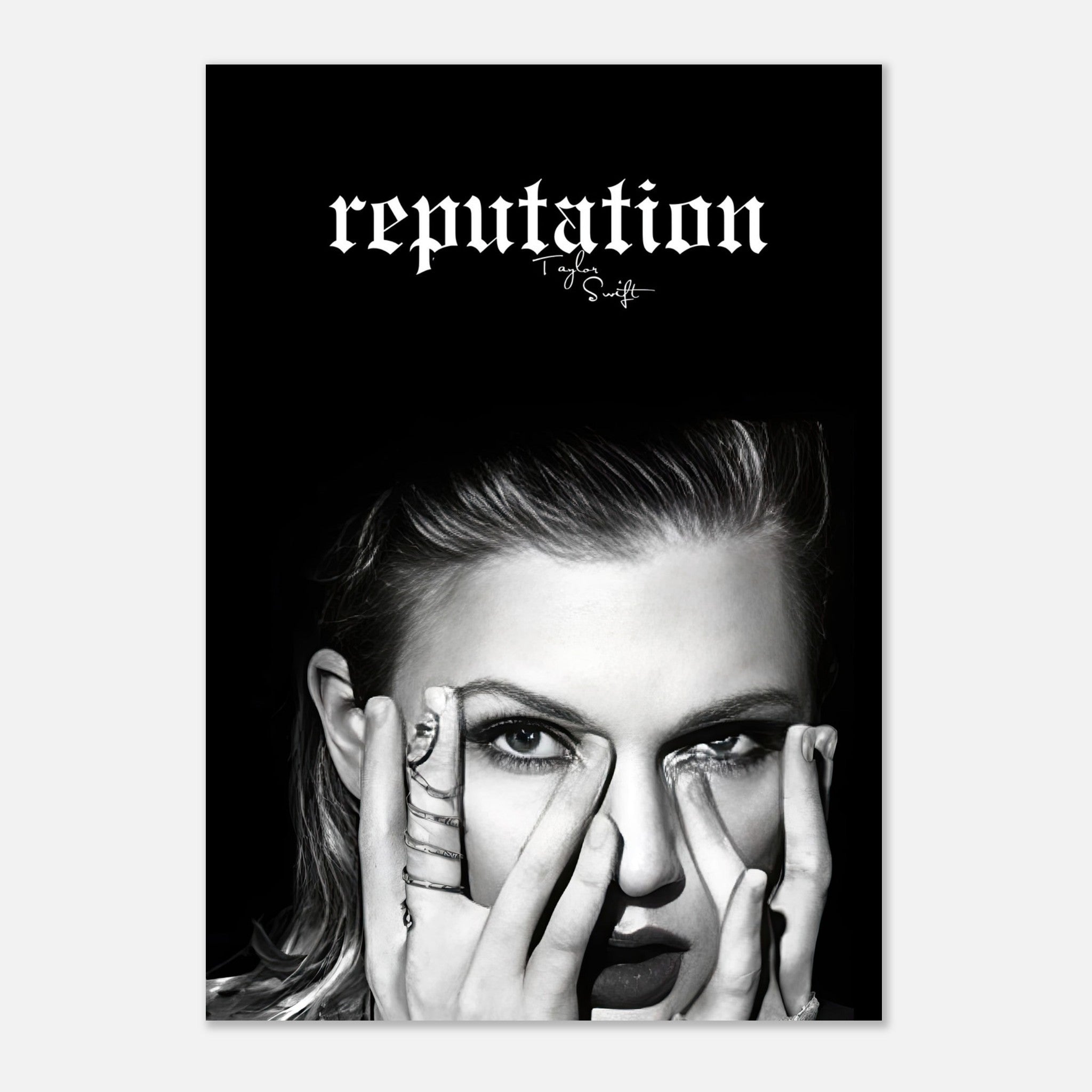 Taylor Swift Reputation Poster showcasing a bold black-and-white portrait with edgy typography. Perfect for music fans.