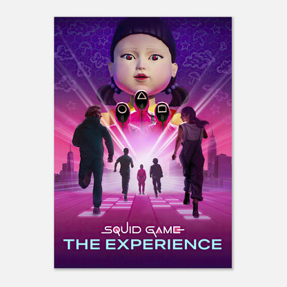 Squid Game The Experience poster featuring iconic doll, vibrant colors, and characters in action, perfect for fans and collectors.