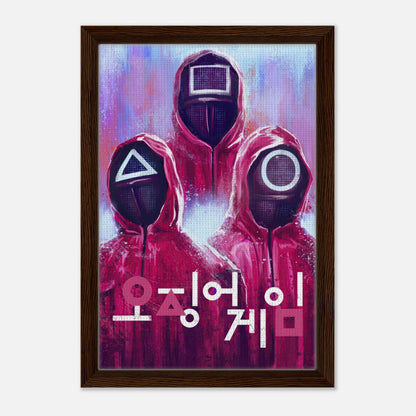 Squid Game framed canvas print featuring masked guards in red uniforms and geometric symbols against a colorful background.