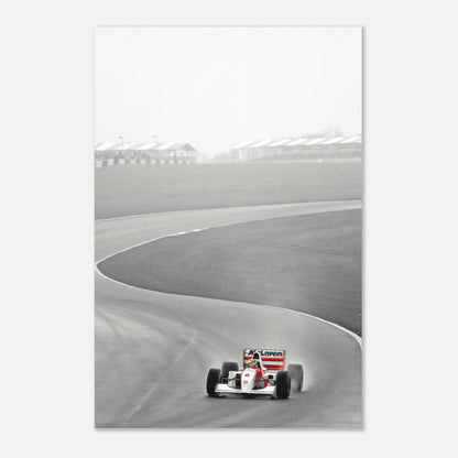 1988 Ayrton Senna McLaren MP4/4 on track, sleek metal print capturing racing history and vintage Formula 1 spirit.