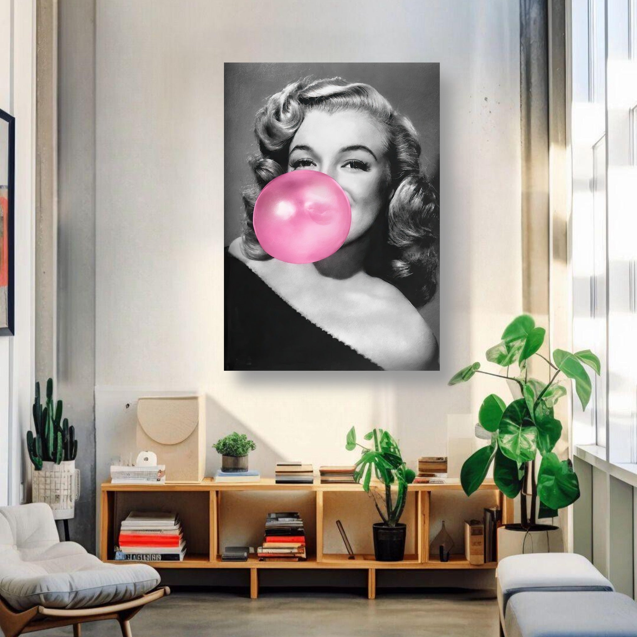 Marilyn Monroe smiling with pink bubble gum in a stylish living room, showcasing Hollywood glamour and playful charm.