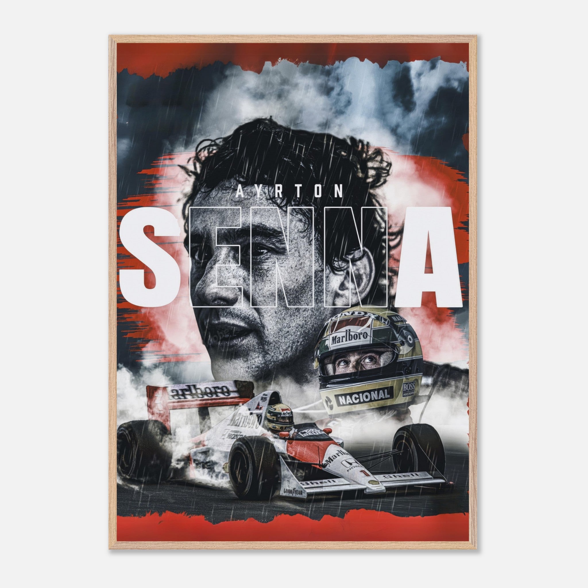 Ayrton Senna framed fine art print showcasing vibrant colors and iconic F1 design, perfect for motorsport enthusiasts.