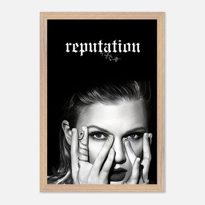 Taylor Swift Reputation vintage framed print featuring monochrome portrait and bold logo, perfect for fans.