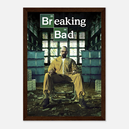 Walter White framed poster from Breaking Bad featuring him in a yellow hazmat suit, embodying power and transformation.