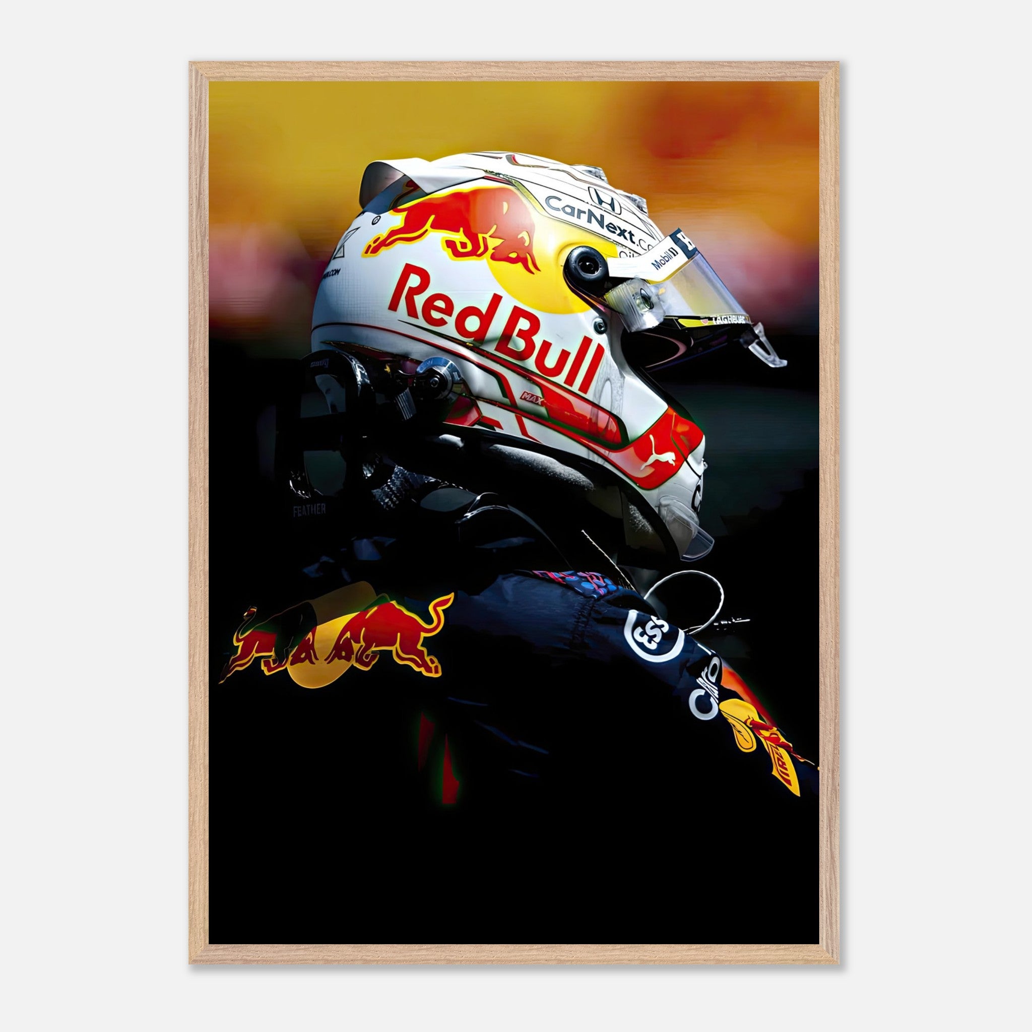 Framed fine art print of Max Verstappen in Red Bull racing helmet, showcasing vibrant colors and sharp imagery.