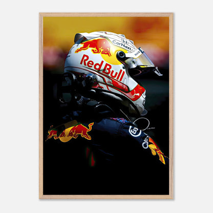 Framed fine art print of Max Verstappen in Red Bull racing helmet, showcasing vibrant colors and sharp imagery.