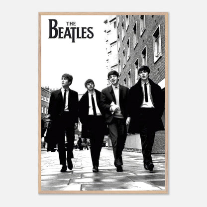 The Beatles fine art museum quality print, black and white photo of iconic band walking together.