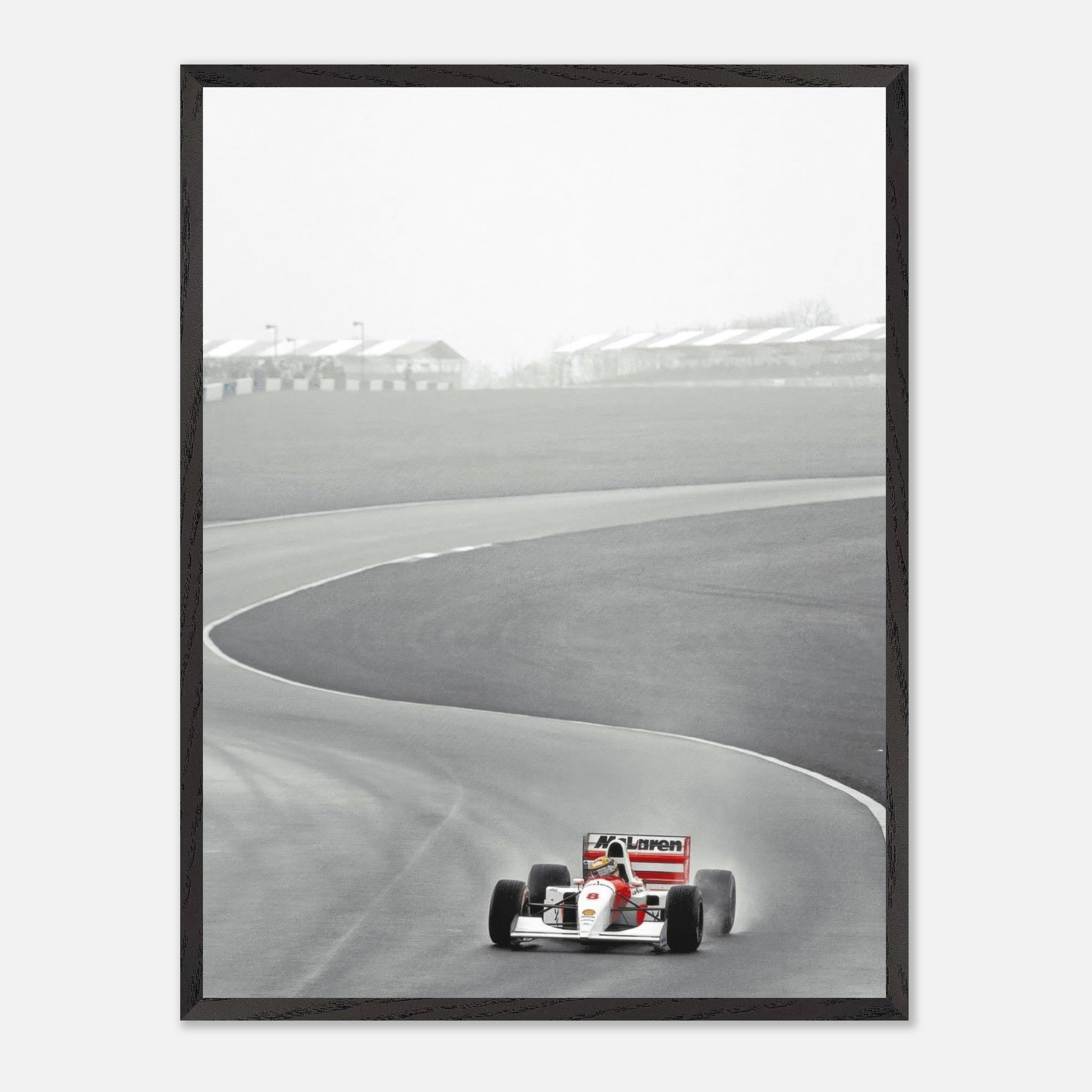 1988 Ayrton Senna McLaren MP4/4 vintage framed art capturing Formula 1's iconic racing heritage.