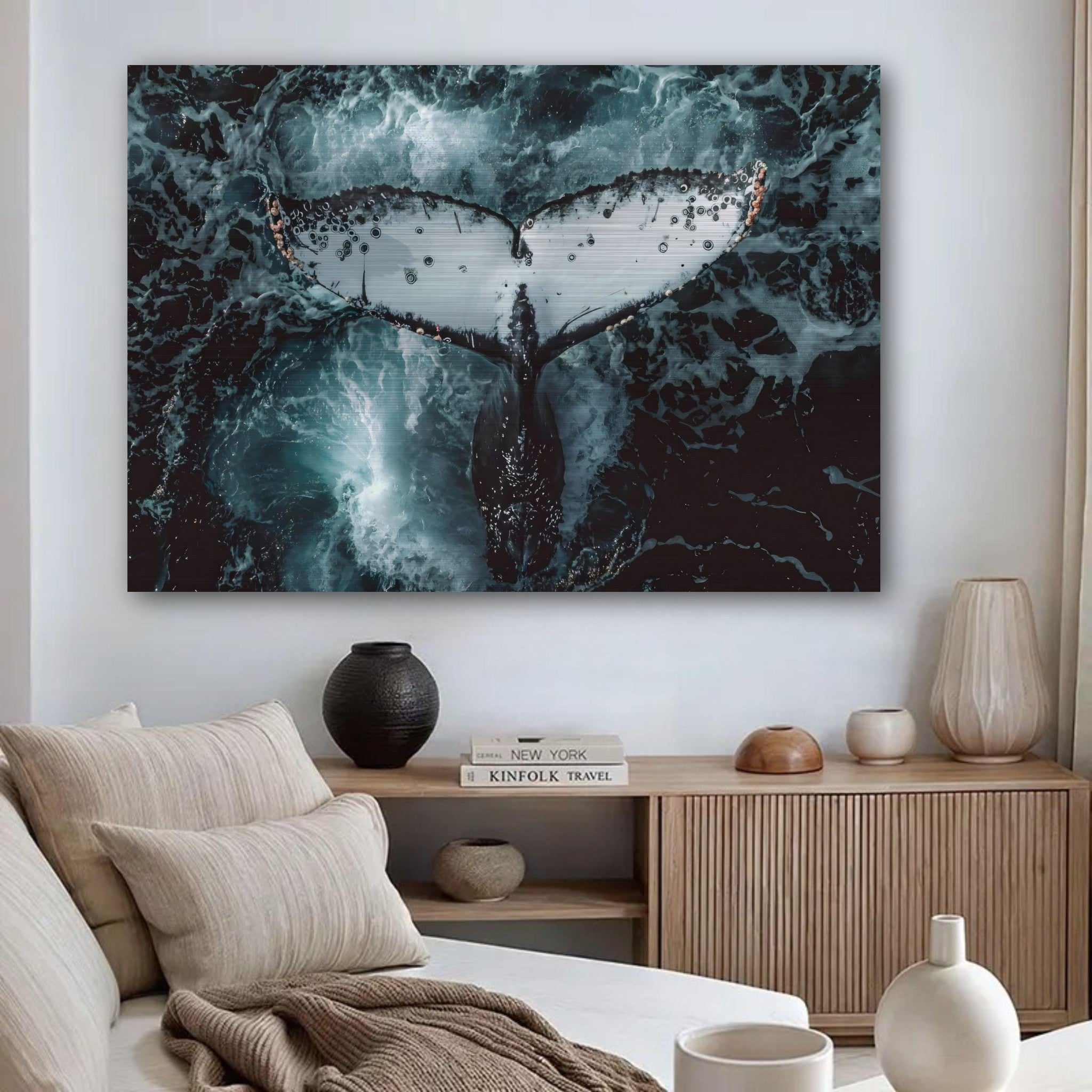 Humpback whale tail print in brushed metal, showcasing ocean waves and marine beauty in a modern living space.