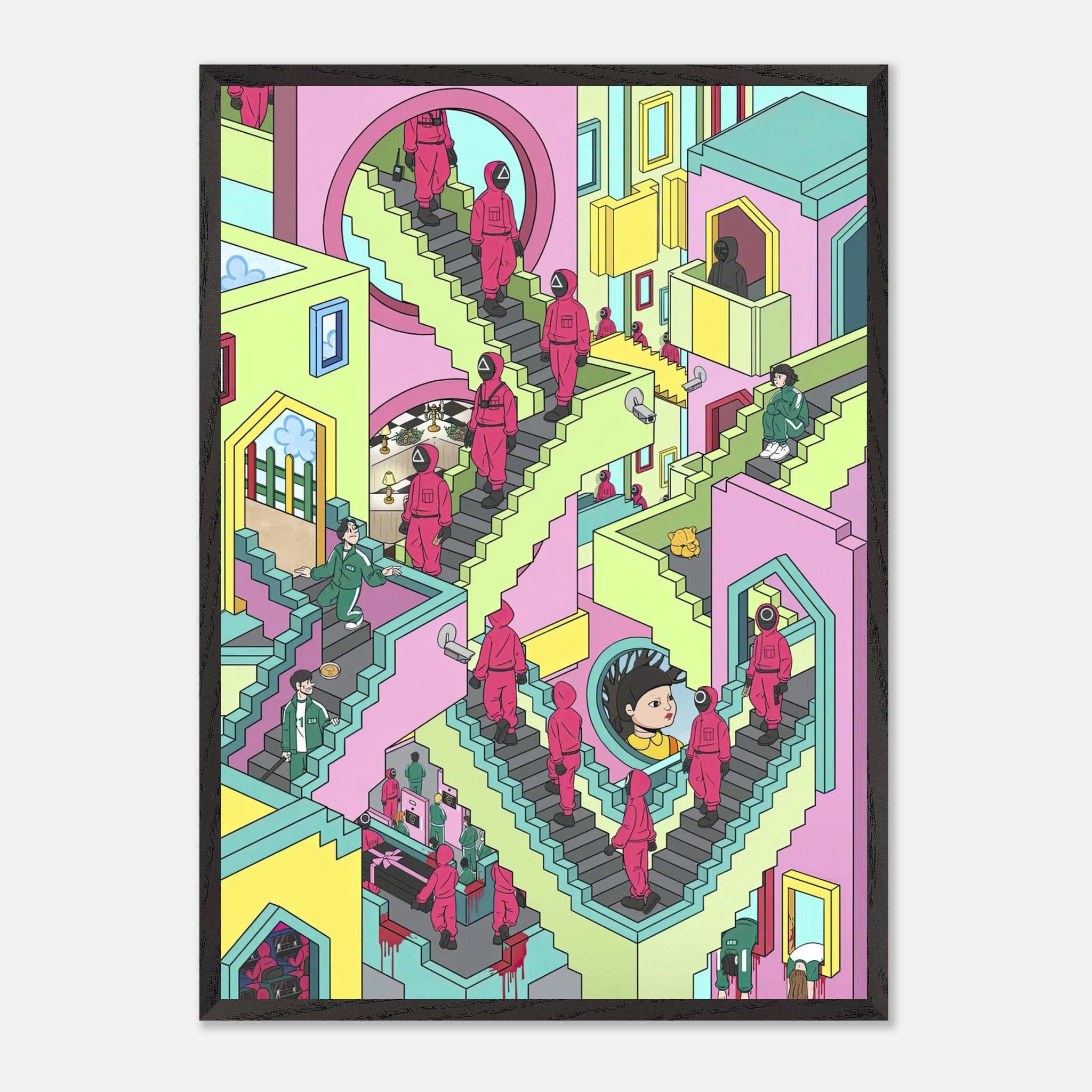 Squid Game Stairs fine art print showcasing colorful, intricate staircases and characters in a surreal, vibrant design.