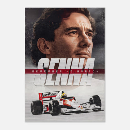 Ayrton Senna art print featuring his iconic racing car and a portrait, a tribute to the legendary F1 driver.