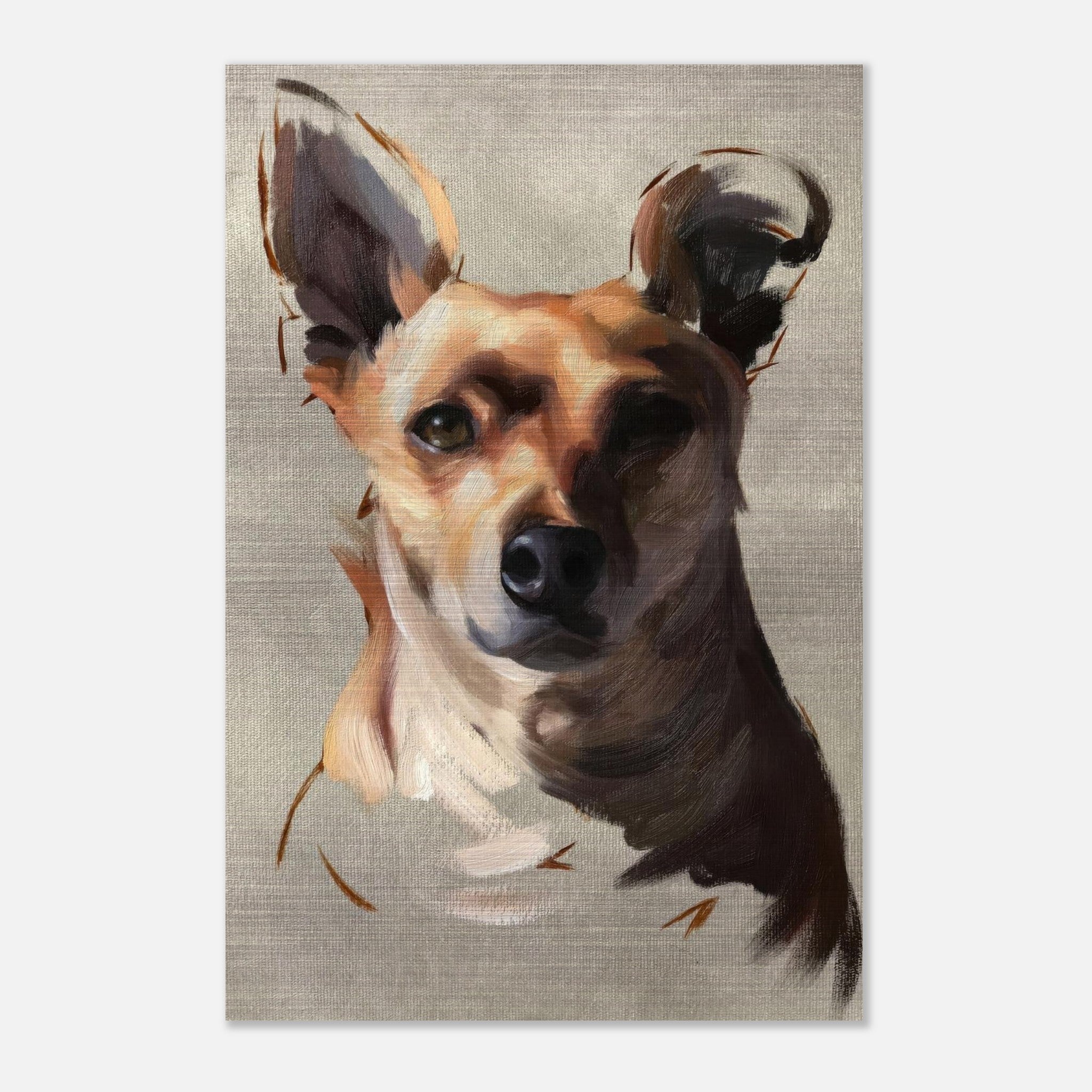 Chihuahua dog painting on brushed metal, showcasing detailed portrait and vibrant colors, perfect for home decor.