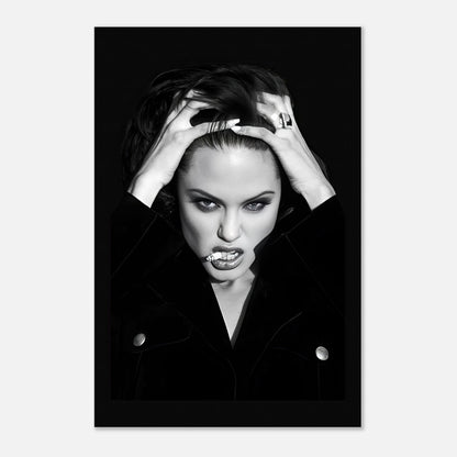 Black-and-white metal print of Angelina Jolie with intense expression and dramatic styling, perfect for art enthusiasts.