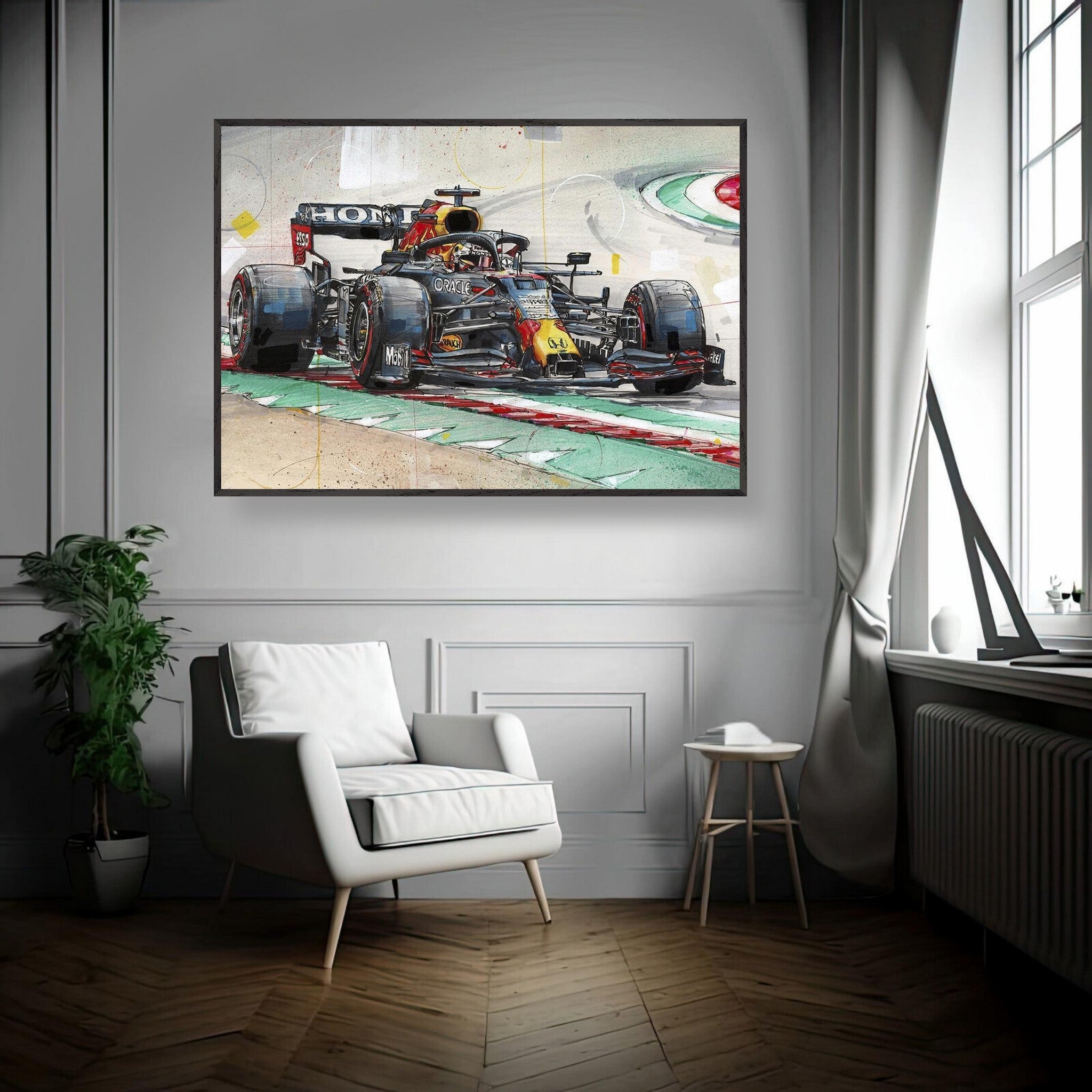 Framed fine art print of Max Verstappen's Red Bull racing car on the track, showcasing dynamic movement and vibrant colors.