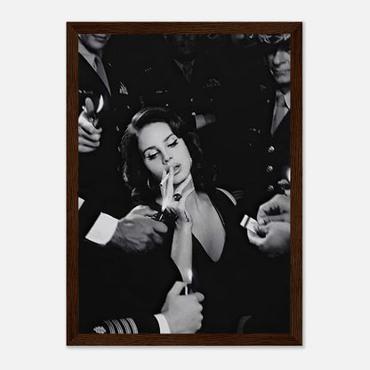 Lana Del Ray Smoking framed print in black-and-white showcasing vintage Hollywood elegance and artistic charm.