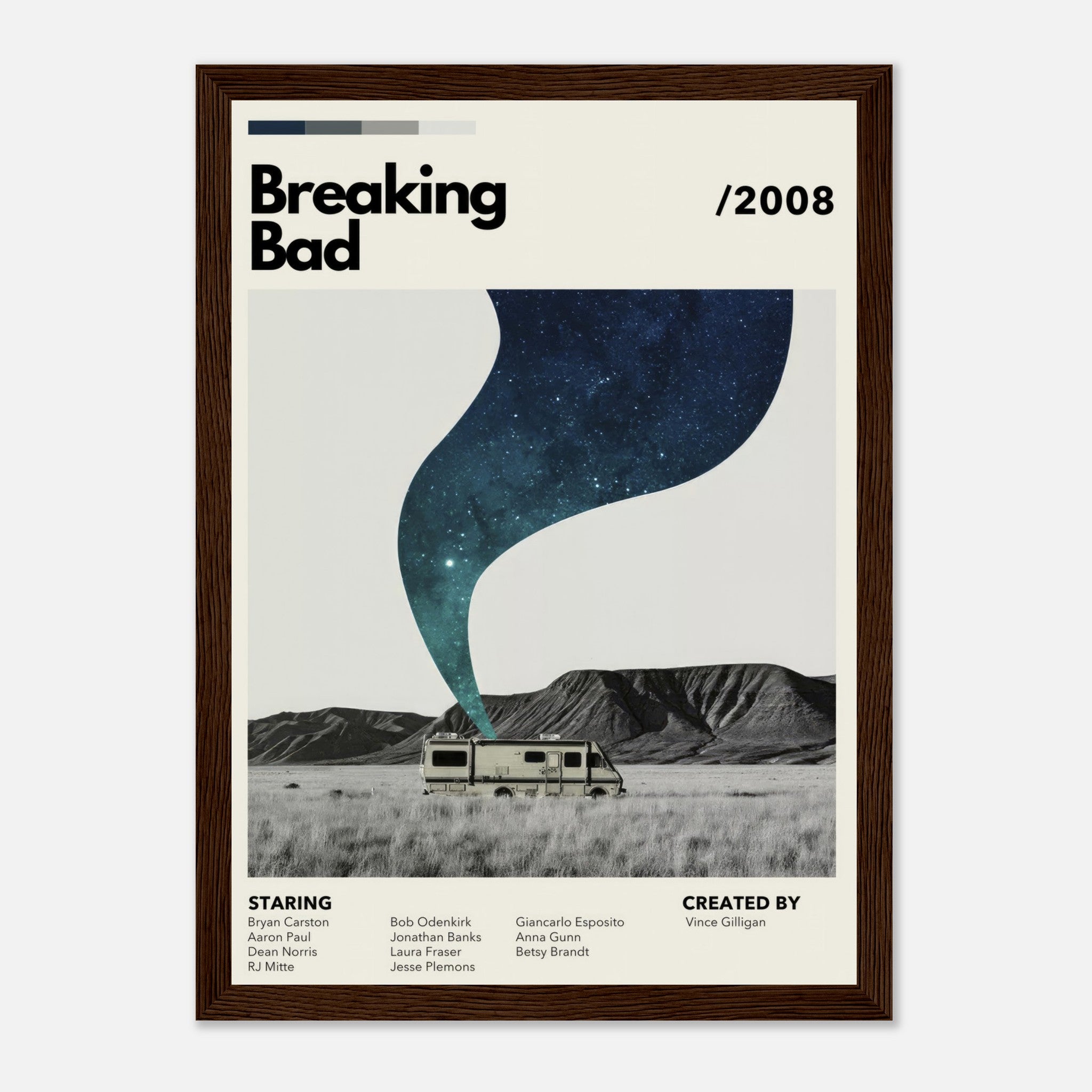 Breaking Bad framed print featuring iconic RV with swirling galaxy in desert landscape, capturing the show's essence.