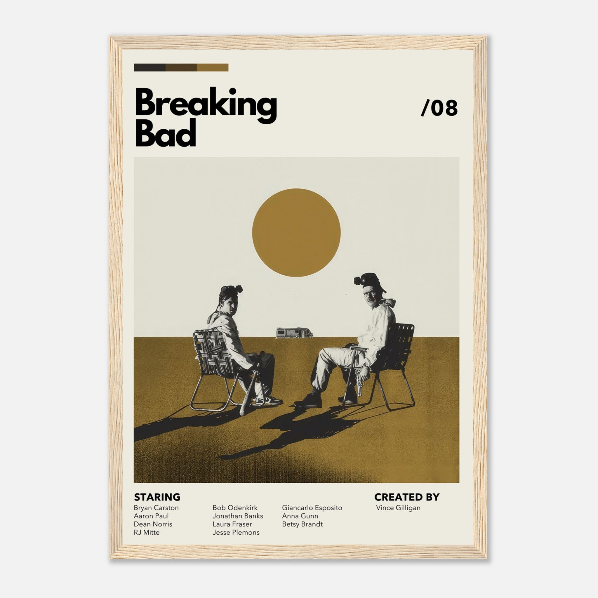 Vintage Breaking Bad framed print featuring Walter White and Jesse Pinkman with a bold sun motif and minimalist design.