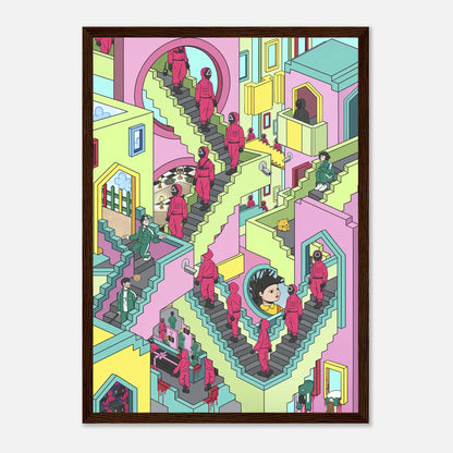 Squid Game Stairs framed print featuring iconic surreal staircase scene with vibrant colors and faceless characters.