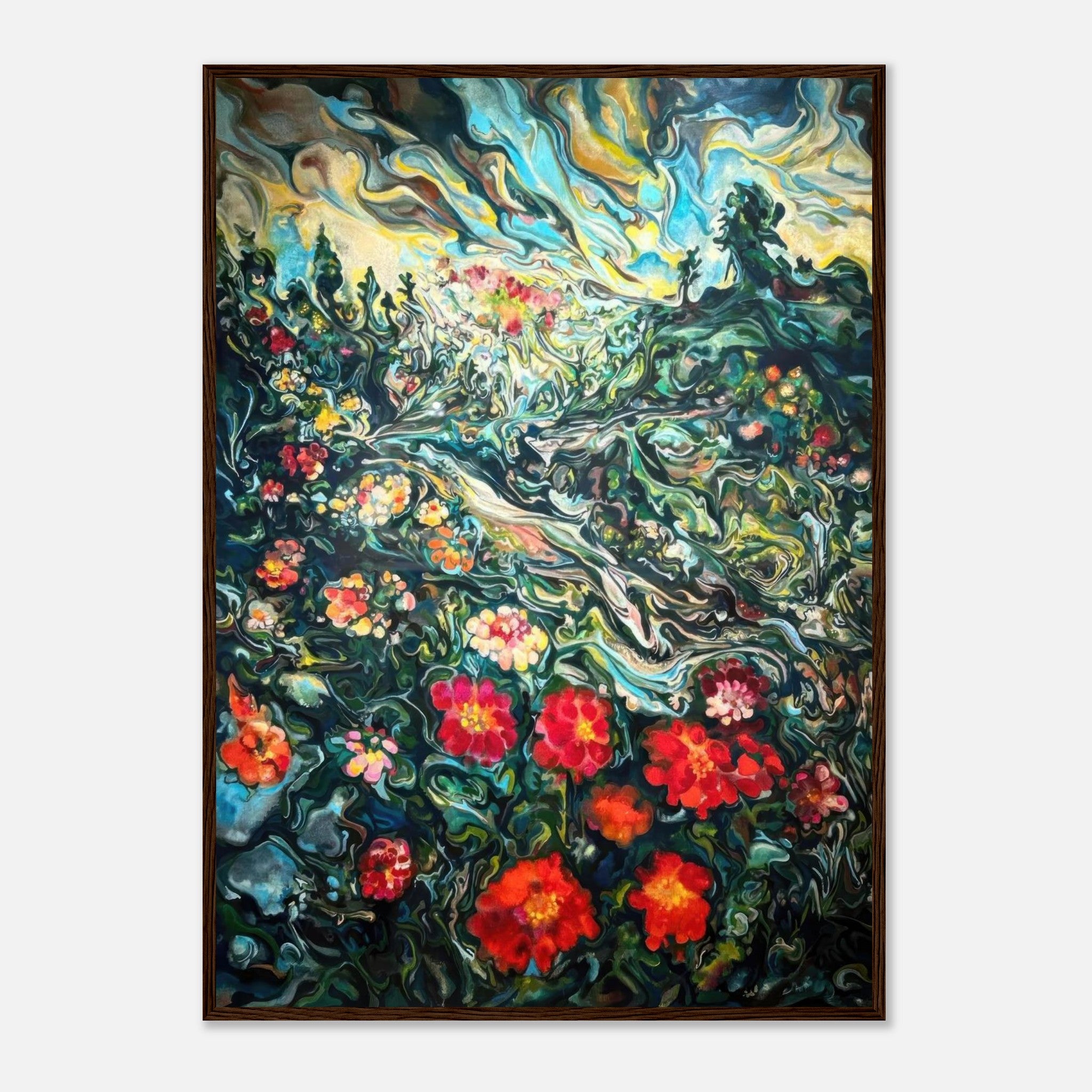 Abstract floral landscape painting framed print with vibrant colors and swirling designs, capturing nature's beauty.