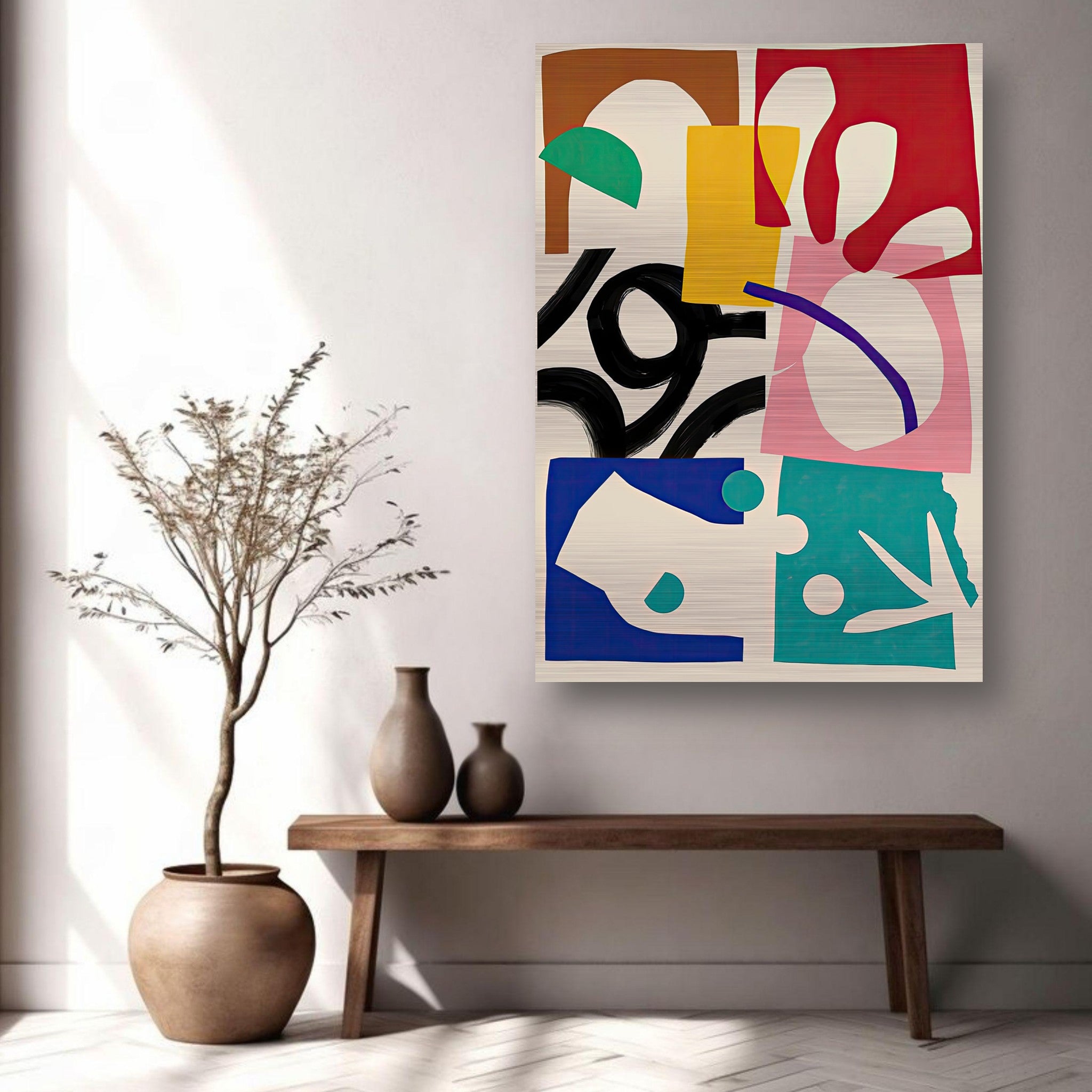 Abstract Harmony art print on brushed metal, featuring bold geometric shapes and vivid colors displayed in a stylish room.