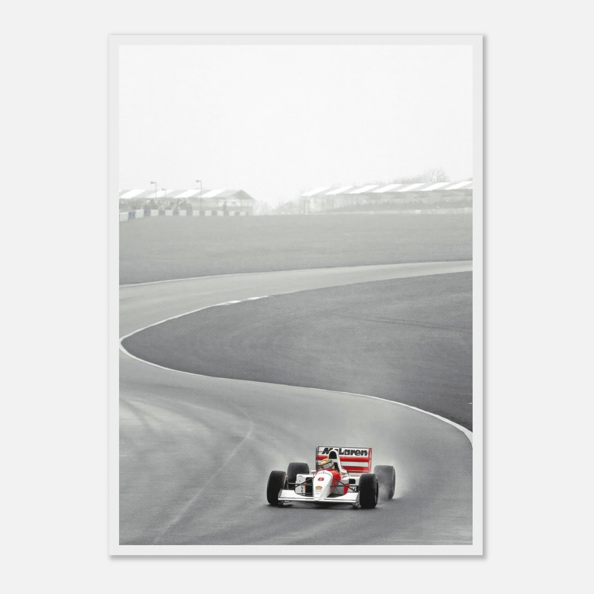 1988 Ayrton Senna driving McLaren MP4/4 on a racetrack, black and white framed print, motorsport art piece.