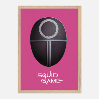 Squid Game Guard Mask art print with bold pink background, showcasing iconic design for fans and collectors.