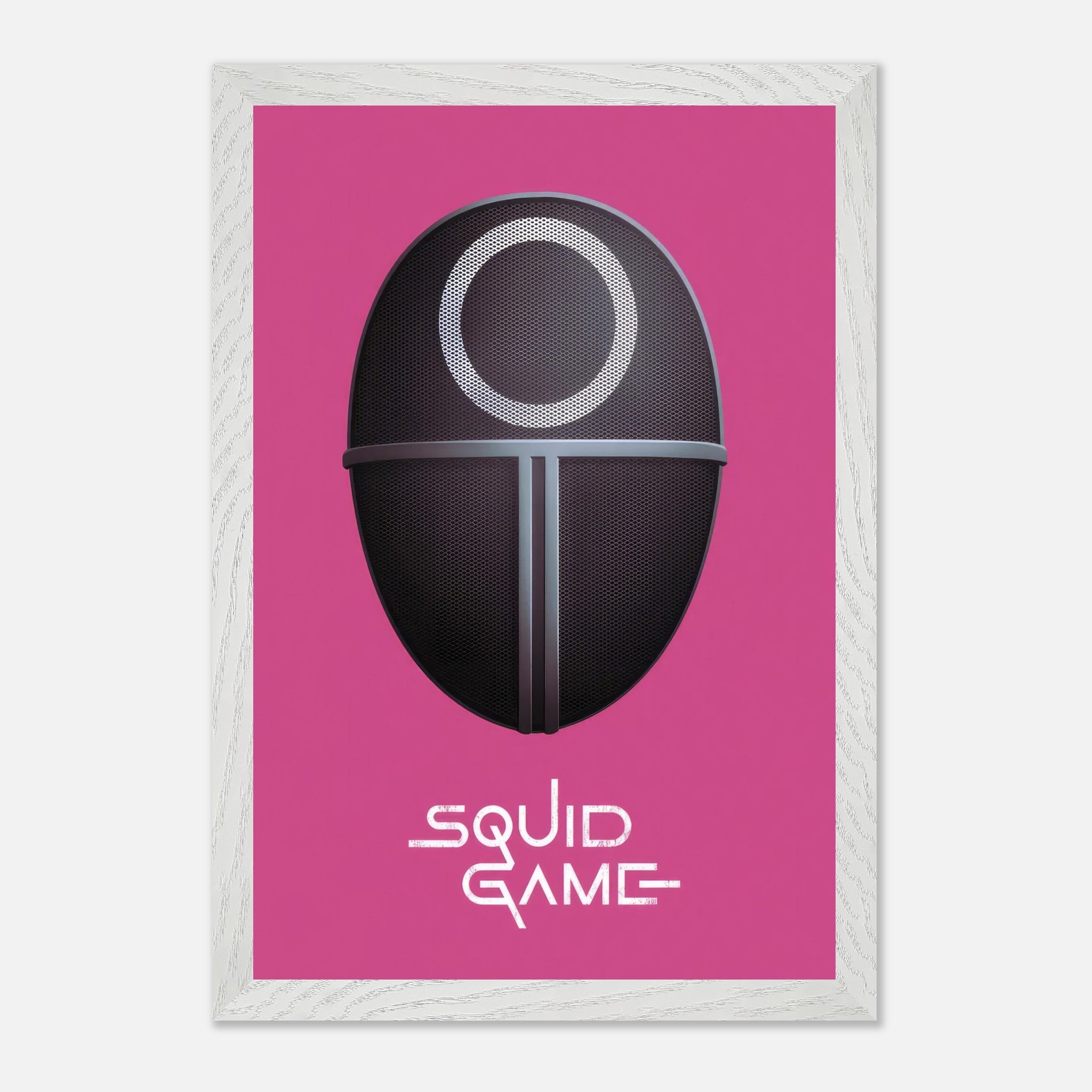 Squid Game Guard Mask fine art print on a bold pink background, perfect for fans and collectors of the series.