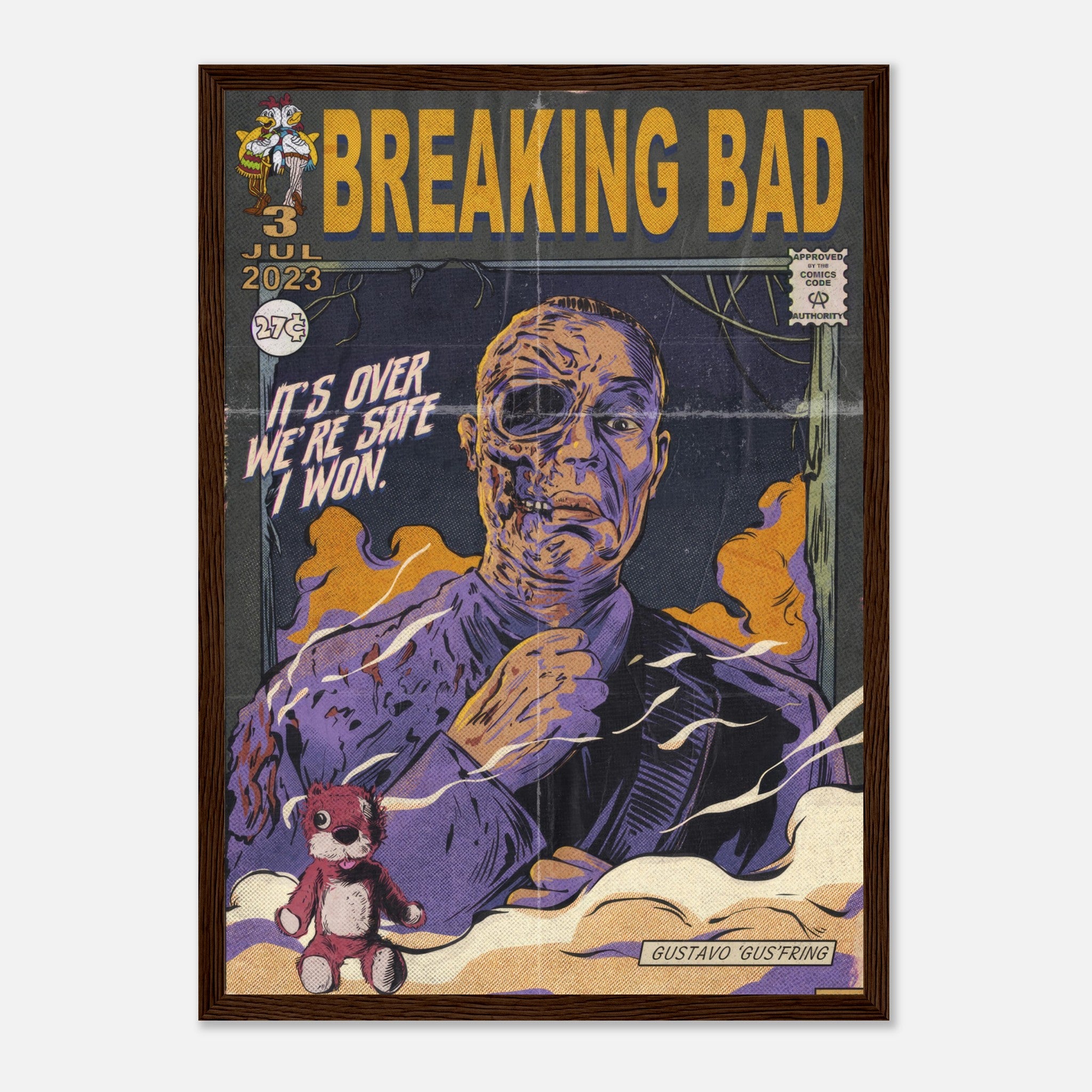 Vintage comic-style framed poster of Gustavo Fring from Breaking Bad, featuring retro colors and gritty textures.