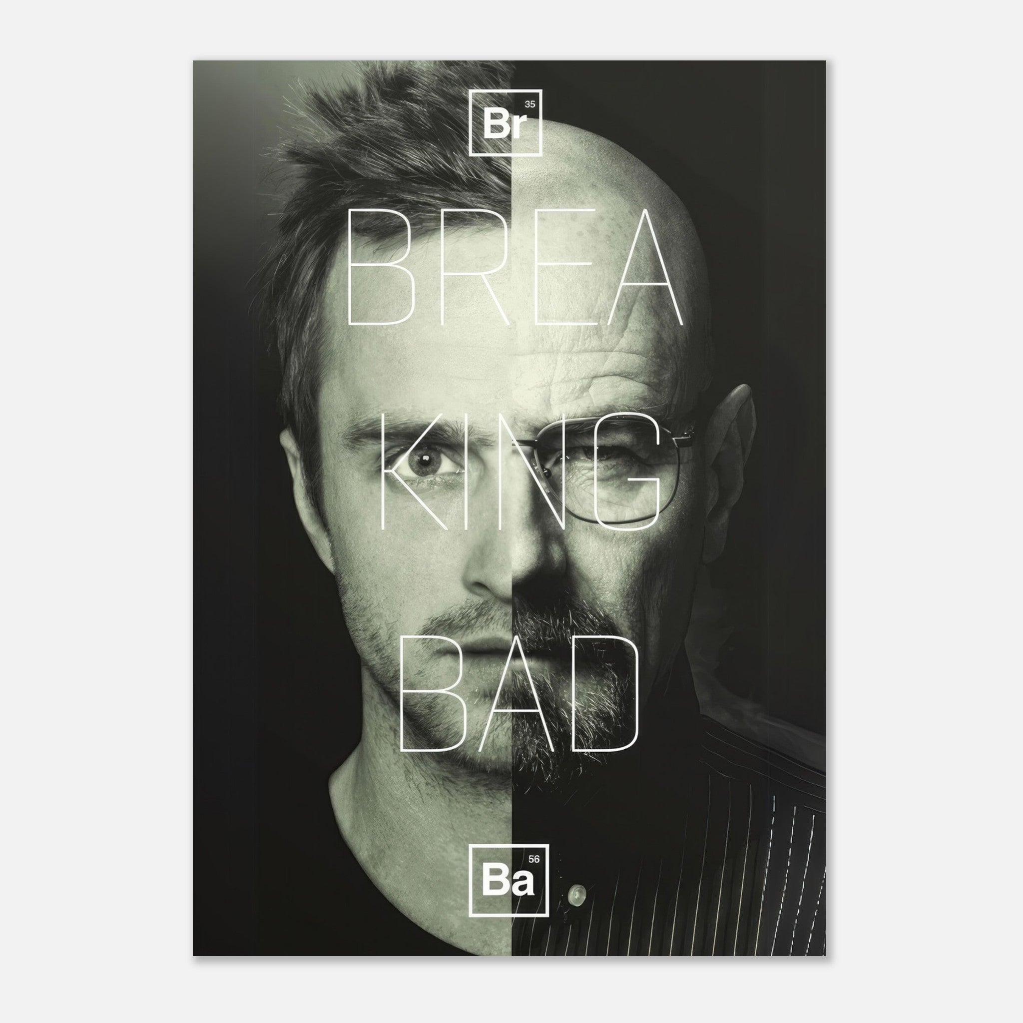 Jesse and Walter Breaking Bad poster featuring a split-face design in sleek monochrome with bold typography.