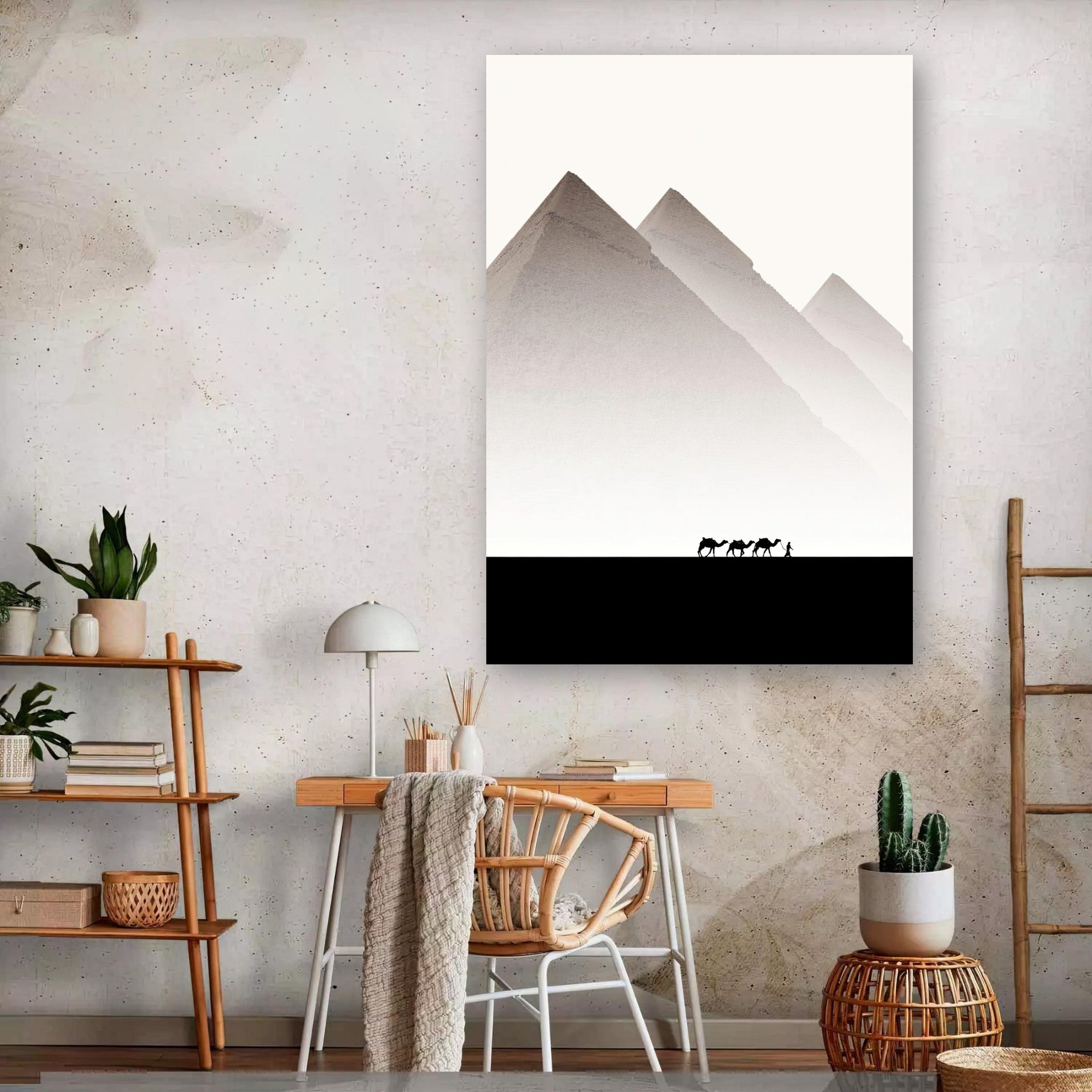 Pyramids of Giza metal print showcasing majestic pyramids with silhouettes of camels in a serene desert setting.