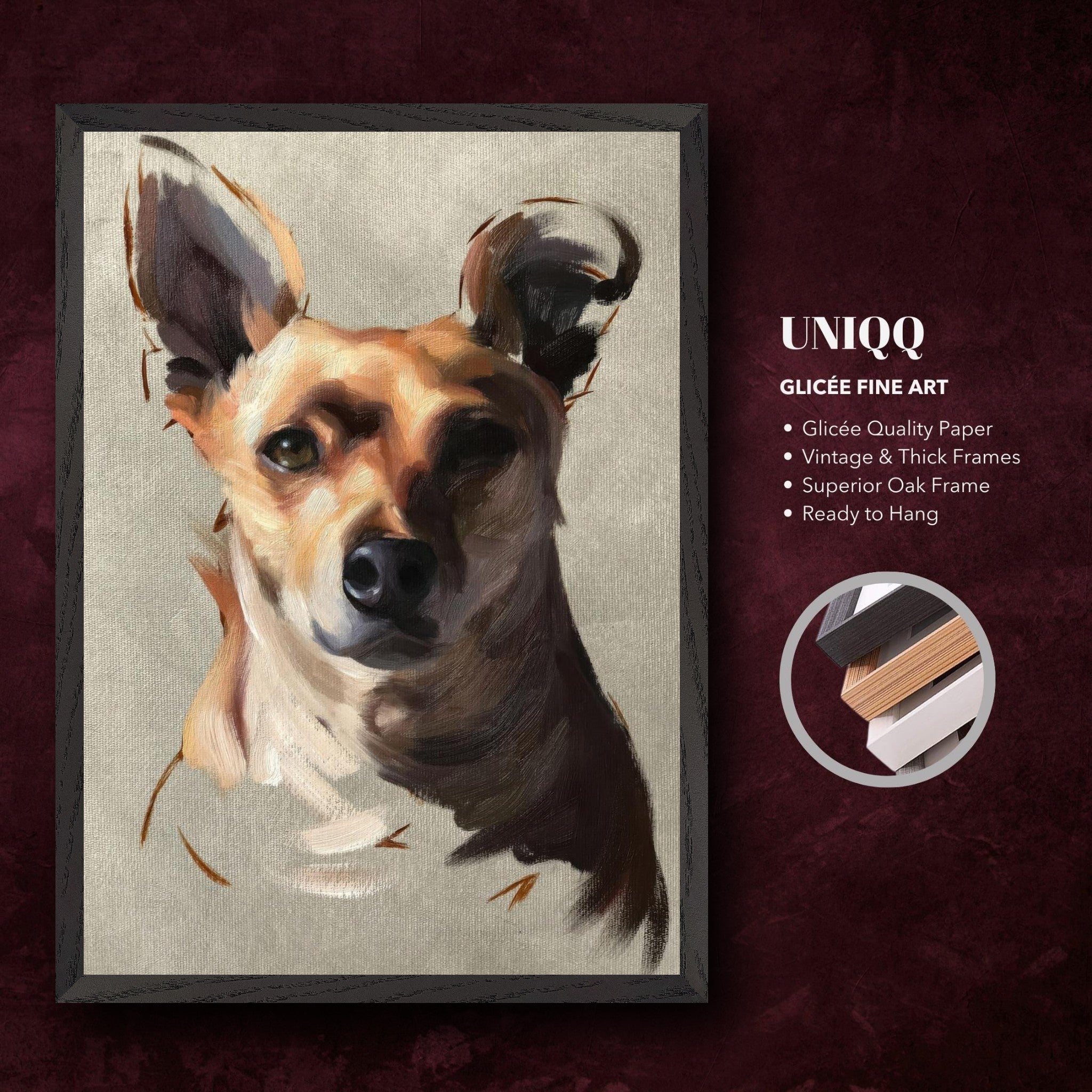Chihuahua dog painting on high-quality paper with vintage oak frame, ready to hang for home decor.