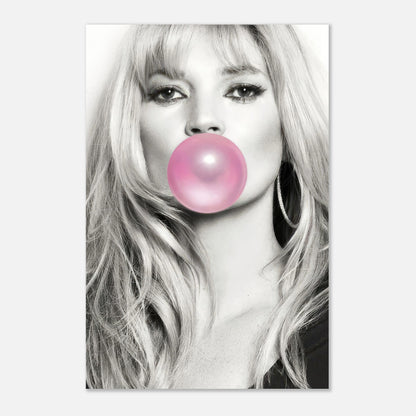 Kate Moss black-and-white portrait with pink bubble gum in metal poster for stylish home decor.