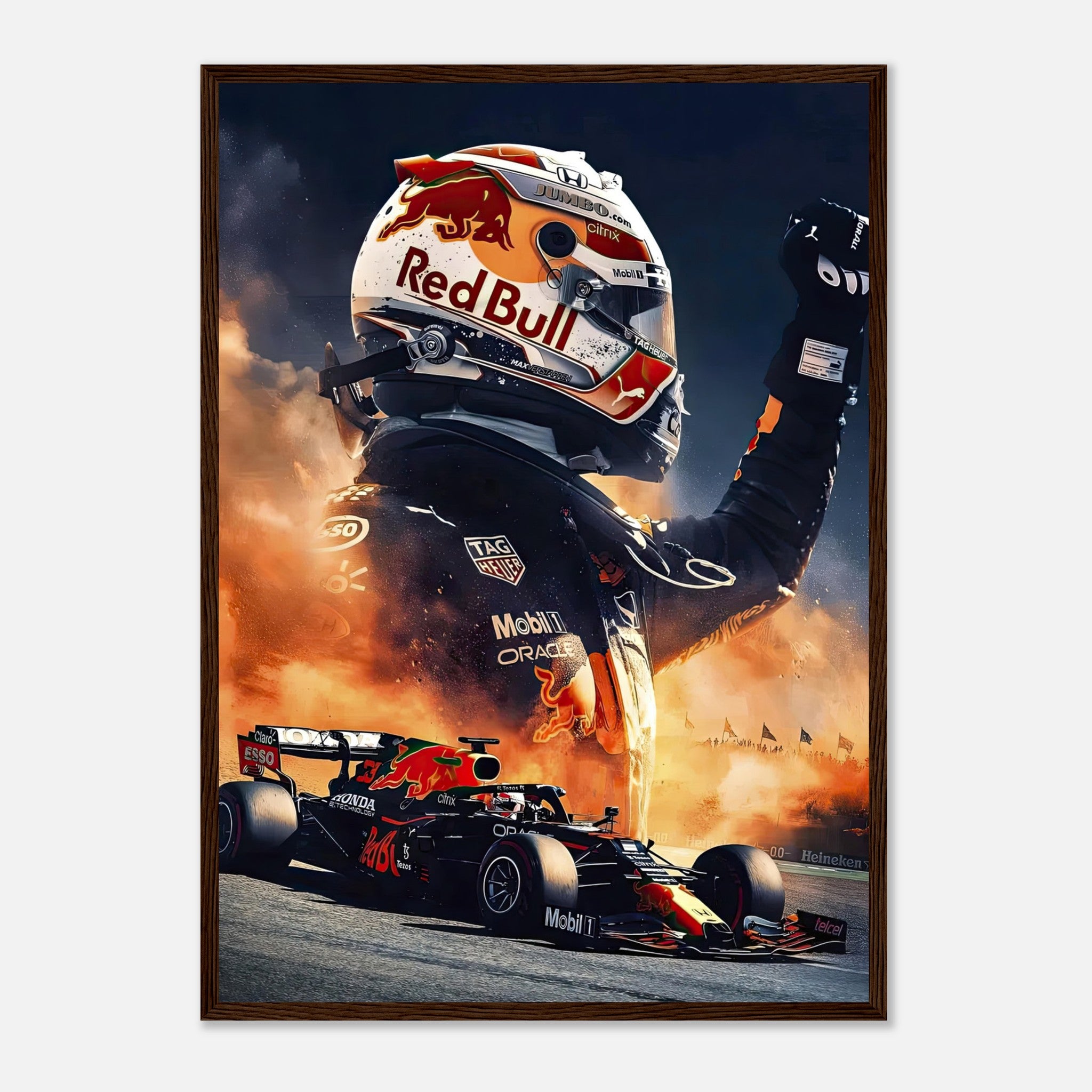 Max Verstappen Red Bull framed print showcasing vibrant race action and dynamic design, perfect for Formula 1 fans.