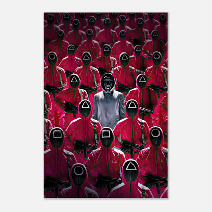 Squid Game Guards metal print featuring iconic pink guards and their leader in a striking, detailed design.