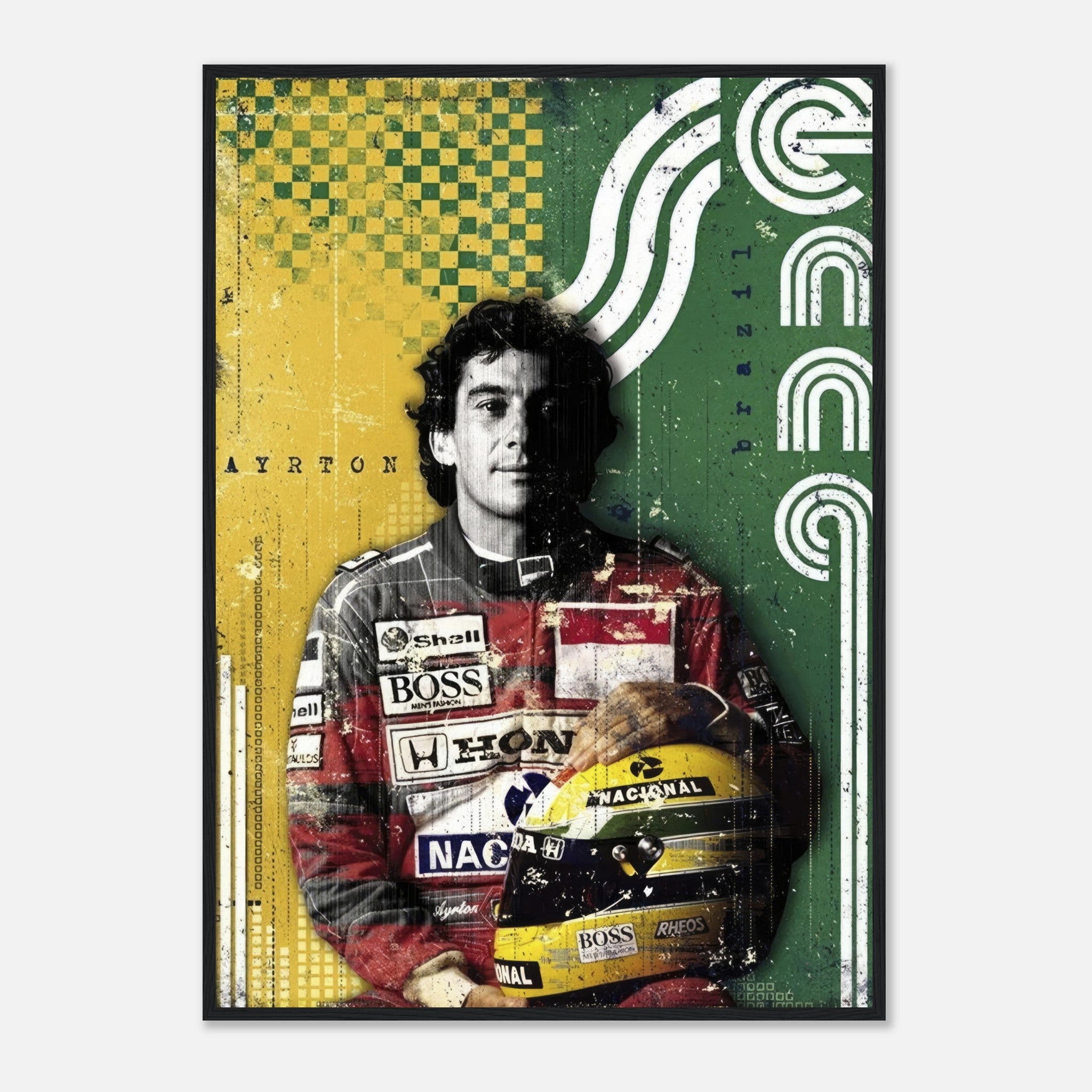 Ayrton Senna framed print featuring vibrant green and yellow colors with Senna in his racing suit and helmet.